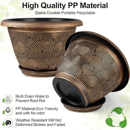 14 Inch Large Planter Pot for Plants Indoor Outdoor, 4 Pack Plastic Flower Pots with Drainage Hole & Tray, Modern Decorative Garden Pot with Saucer, Plant Container for House