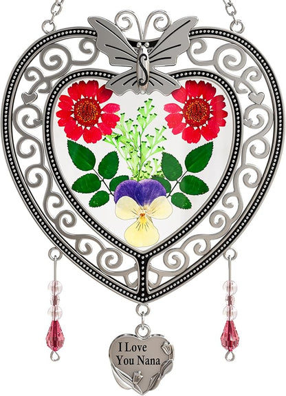KY&BOSAM Heart Suncatchers I Love You Nana Tree of Life Stained Glass Panels Hangings for Windows Wind Chime Home Garden Outside Decor with Pressed Real Flower Heart in Glass Birthday Gifts for Women