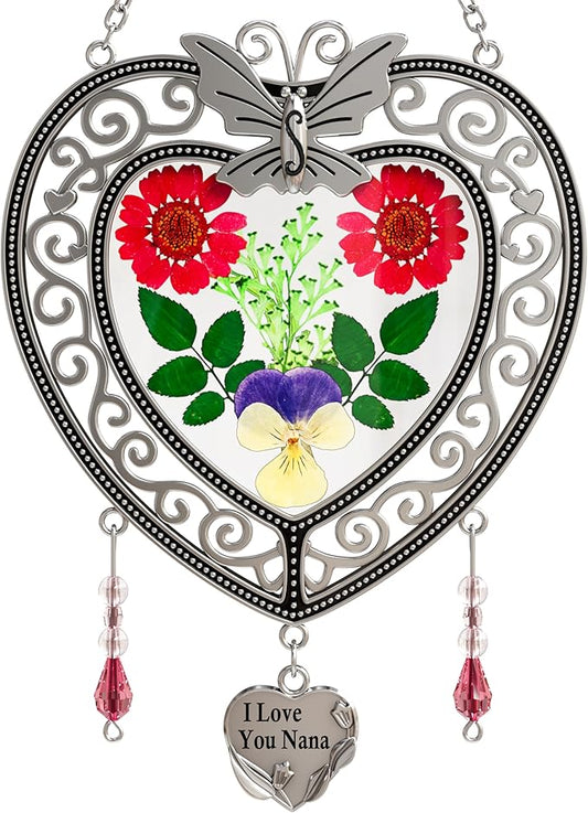 KY&BOSAM Heart Suncatchers I Love You Nana Tree of Life Stained Glass Panels Hangings for Windows Wind Chime Home Garden Outside Decor with Pressed Real Flower Heart in Glass Birthday Gifts for Women