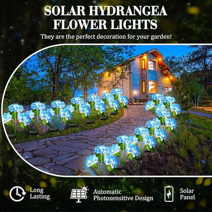 Treela 4 Pack Solar Lights Flowers Outdoor Waterproof Hydrangea Garden Stake Lights Realistic LED Flowers Powered Decorative Ground Solar Flower for Lawn Yard Backyard Decoration Gift(Blue)