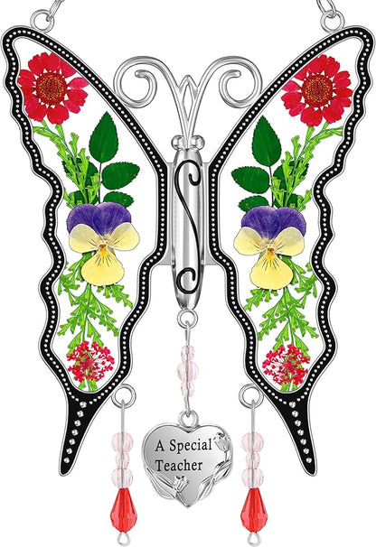 KY&BOSAM Butterfly Suncatcher A Special Teacher Stain Glass Suncatchers for Window Hanging Wind Chime with Pressed Flower Wings in Glass and Heart Charm Birthday Gift for Teacher`s Mother`s Day Gifts