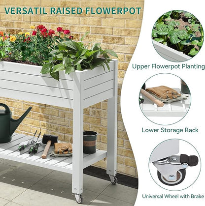 YITAHOME 3.6x1.5x2.8 FT Elevated Garden Bed Kit with Legs and Wheels, Outdoor Large Resin Planter Box Stand with Drain Plug and Storage Shelf for Plants Vegetables Fruits, Grayish-White