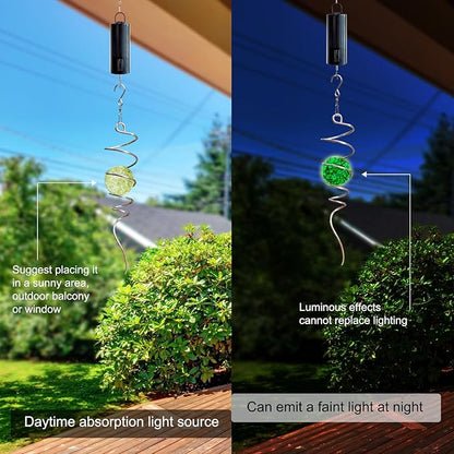 Glow in The Dark Gazing Ball Spiral Tail - Wind Spinner Stabilizer with Glow Glass Ball & Swivel Hook, Hanging Garden Decoration Sun Catcher Rainbow Maker Decor for lndoor Outdoor 13" Height