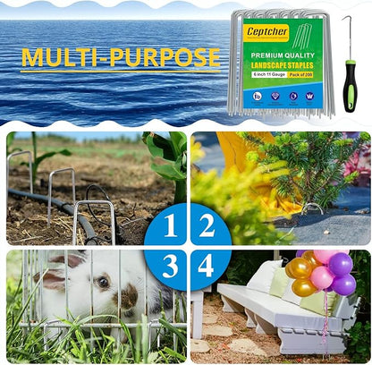 200 Pack Garden Stakes, Galvanized Landscape Staples, U-Shaped Tent Stakes, 6 inch 11 Gauge, for Securing Weed Fabric Barrier, Ground Cover, Irrigation Tubing, Artificial Turf (200)