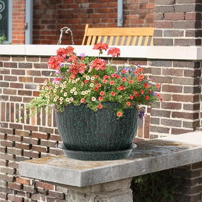 12/10/9 inch Large Plant Pots, 3 Pack Wide Flower Pots for Outdoor Indoor Plants with Ripples, Big Plastic Planters with Drainage Holes and Saucers for Garden Home, Black with Green Speckles