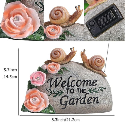 Snail Garden Statue Outdoor Decor Art Solar LED Light Welcome Sign Sculpture Auspicious Snail Resin Figurine Yard Porch Patio Lawn Decorations Housewarming Gifts for Mom Grandma Women