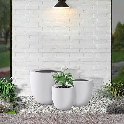 Kante 18",14",10" Dia Concrete Round Planters (Set of 3), Outdoor Indoor Large Planter Pots with Drainage Hole and Rubber Plug for Home Patio Garden, Pure White