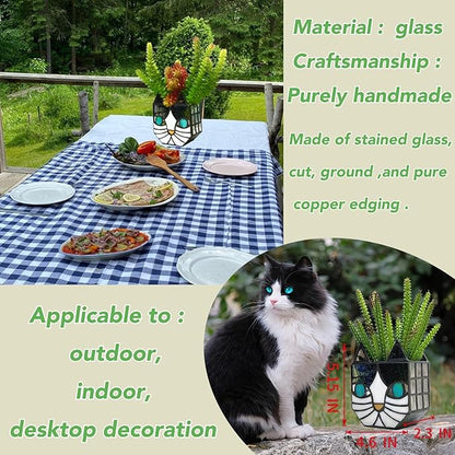 Tiffany Cute Cat Stained Glass Flower Pots,Indoor and Outdoor Plant Displays,Cat Plant Planter,Candle Holder Container Decoration 4.6 x 5.15 x 2.3 inch(11.7 x 13.1 x 5.8 CM)(Without Succulents)Black