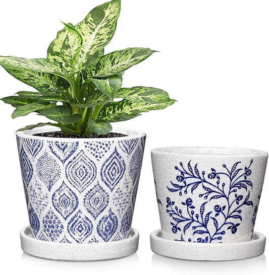 Blue and White Ceramic Pots for Plants, Decorative Plant Pots Round Ceramic Planters for Indoor Plants Pots with Drainage Hole Saucers, Retro Planter Pot for Succulents Cactus Flowers Outdoor 4.8/5.5"
