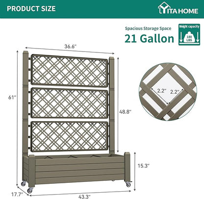YITAHOME 43.3x17.7x61 in Planter Trellis Box with Wheels & Drain Plug, Outdoor Resin Raised Garden Bed for Climbing Plants, Large Weather-Resistant Design, Light Brown