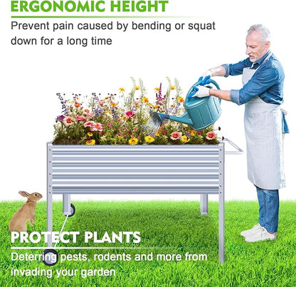 Galvanized Raised Garden Bed with Legs, Metal Raised Planter Box with Drainage Holes Outdoor Elevated Garden Bed on Wheels for Backyard, Patio, Balcony