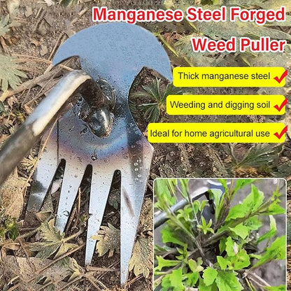 Weeding Artifact Uprooting Weeding Tool, Multifunctional Weeder, Hand Weeder Tool, 4 Teeth Stand Up Weed Puller Tool with Handle for Garden Yard Farm Weed Removal (16in, Extra Long Wood Handle)