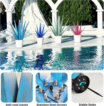 Large Tequila Rustic Sculpture, Rustic Metal Agave Plants for Outdoor Patio Yard, Home Decor Hand Painted Metal Agave Garden Yard Statue, Outdoor Lawn Ornaments Yard Stakes (Sky Blue - M)