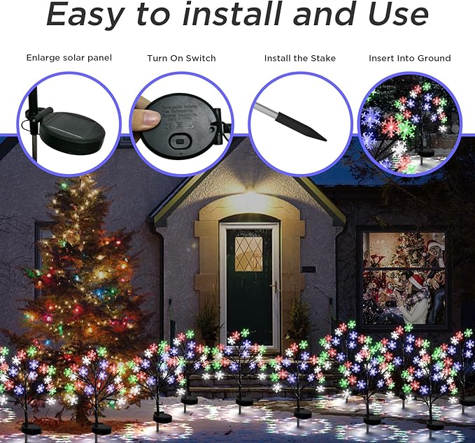Multicolor Snowflakes Solar Pathway Lights for Christmas Decorations Outdoor - 2PACK 40LED Christmas Stake Lights, Waterproof Outdoor Snowflakes Solar Christmas Lights for Garden Yard Patio Xmas Decor