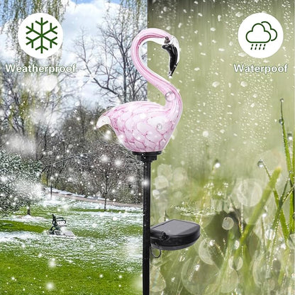 Afirst Solar Outdoor Lights Decorative - Solar Garden Stake Lights Flamingo Handblown Glass Garden Stakes Garden Pathway Lights Outdoor Waterproof Glass Stakes 4" W 2 Pack