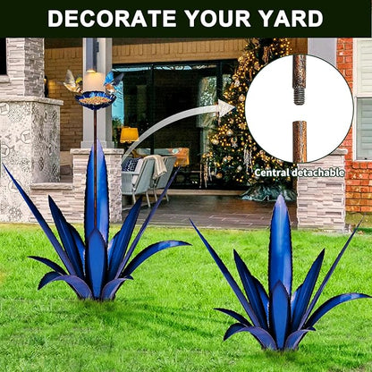 Upgraded Large Metal Yard Art, Metal Agave Plant Yard Decorations Outdoor Sculpture, Metal Flowers for Outside, Waterproof Outdoor Garden Decor (Blue+ Bird Feeder)
