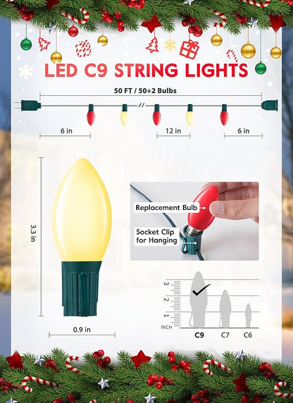 Vintage C9 LED Christmas Lights Outdoor, 50 Feet C9 String Lights with 50 Shatterproof Matte Bulbs, Connectable Waterproof Lights for Holiday Party Roofline Backyard Garden Patio, R & Warm White