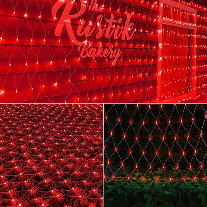 LJLNION Christmas Net Lights, 360 LED 12ft x 5ft Connectable Mesh Fairy String Lights, 8 Lighting Modes, Low Voltage Safe Adaptor for Xmas Trees Bushes Wedding Outdoor Holiday Garden Decorations, Red