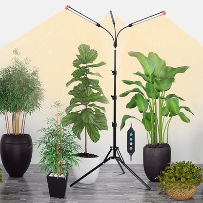 3-Head Grow Lights for Indoor Plants with Stand 27W, LED Plant Grow Light for Tall Houseplants, Bonsai Tree, Full Spectrum Growing Lamp with 4,8,12 Hr Timer, 24"-64" Adjustable Height