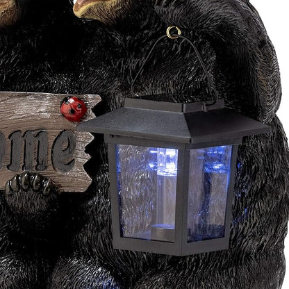 Alpine Corporation 15" Tall Outdoor Bear Couple with Lantern and Welcome Sign Statue with Solar LED Light Yard Art Decoration