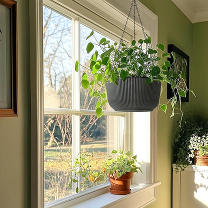 T4U 12 Inch Large Hanging Planters for Outdoor Plants, 2 Pack Self Watering Hanging Pots Indoor, Hanging Baskets for Plants,Hanging Flower Pot with Drainage Hole and Plant Hanger, Grey