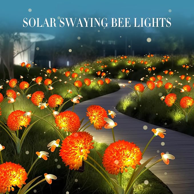 Solar Garden Lights, 8 Pack Solar Swaying Bee Lights with Flowers, Waterproof Solar Firefly Lights Outdoor for Garden Patio Yard Pathway Fall Decoration, Gifts for Women Mother's Day