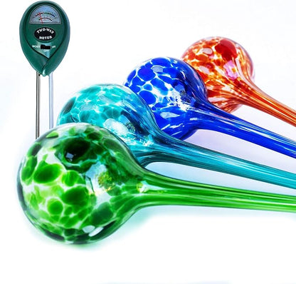 4 Large Plant Watering Globes - Plant Watering Devices - Plant Watering Bulbs - Self Watering Spikes - Self Watering Planter Insert - Hand Blown Glass - Free Moisture Meter by Cotswold Homeware
