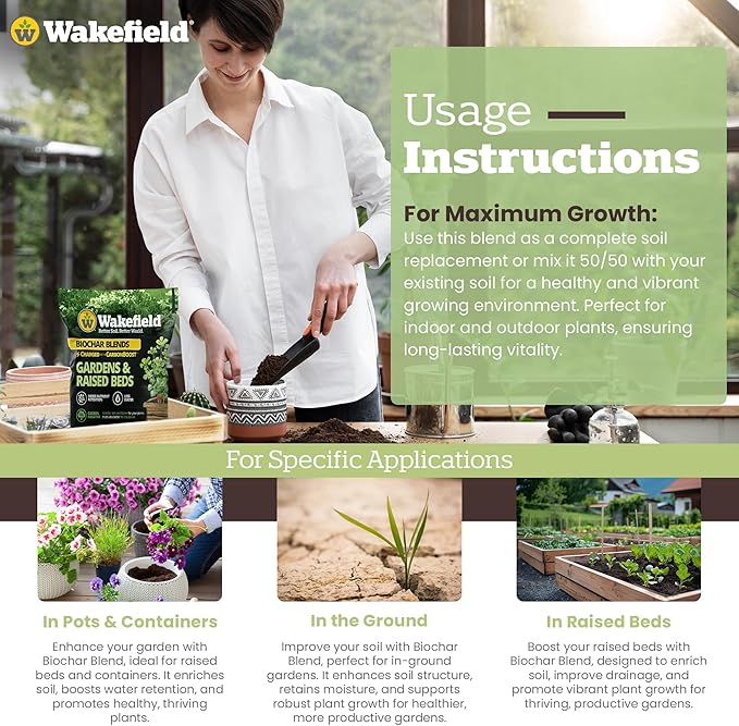 Wakefield Premium Biochar Blend with CarbonBoost & Advanced Probiotics - Ultimate Organic Potting Soil Mix for House Plants, Gardens and Raised Beds - Enhanced Water & Nutrient Retention - 4Quarts