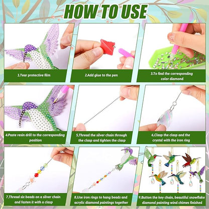 Tradder 6 Pcs Diamond Art Kits 5d Rhinestone Painting Wind Chimes Art Sun Catchers Double Sided Hummingbird Birds Art Kits with Crystal Pendant for Adults Home Window Decor Garden