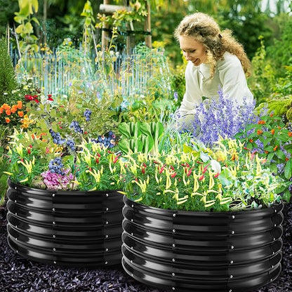 17" Tall Round Outdoor Garden Raised Garden Bed Kits- 0.8MM Thick Metal Raised Planter Bed/Ground Planter Box for Variety of Flowers,Herbs,Vegetables (Black, 32 inches Diameter)