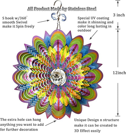 FONMY Mandala Wind Spinner w/Crystal Ball-Bloosom 3D Stainless Steel Suncatcher Hanging Spinners Worth Gift Christmas Decoration Indoor/Outdoor Garden Décor Kinetic Yard Art 12 Inches Wind Sculpture