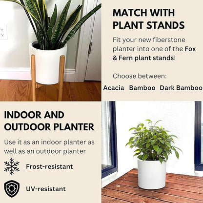 Fox & Fern 10 Inch Plant Pot with Hidden Saucer — Premium Lightweight Fiberstone Matte White Self Watering Planter with Seamless Saucer; Indoor & Outdoor Use; Weather Resistant & UV Resistant
