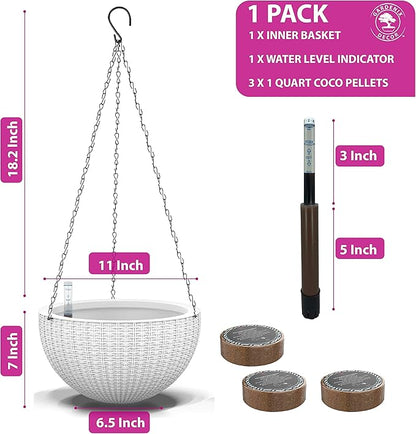 GARDENIX DECOR 11'' Self Watering Hanging planters for Indoor Plants - Flower Pot with Water Level Indicator for Plants, Hanging pots - Self Watering Planter Plant Pot-Coco Coir- Round 1 Pack - White