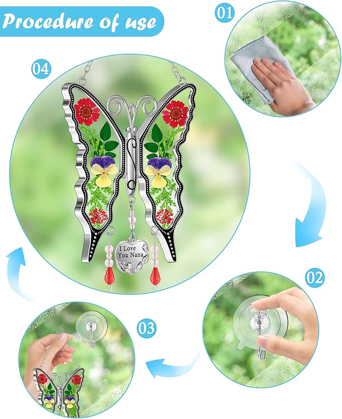 KY&BOSAM Butterfly Suncatcher I Love You Nana Gifts Stain Glass Suncatchers for Window Hanging Wind Chime Pressed Real Flower and Heart Charm Birthday Gift for Nana Mother`s Day Valentine`s Christmas