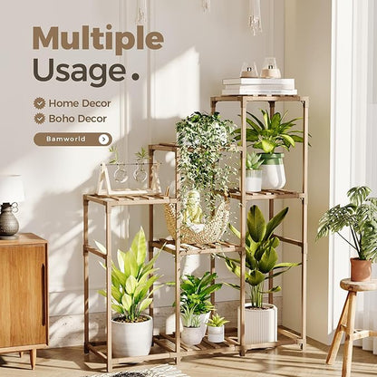 Bamworld Tall Plant Stand Indoor Wood Plant Shelf Outdoor Tiered Plant Rack for Multiple Plants 5 Tiers 7 Pots Ladder Plant Holder Plant Table for Plant Pots Gardening Gifts