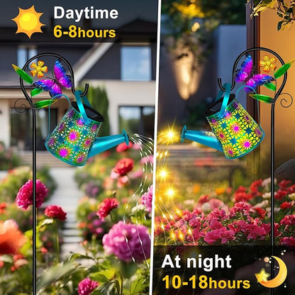 Solar Watering Can with Lights, Waterproof Solar Lantern with Butterfly Shepherd Hook, Hanging Garden Lights for Patio Yard Lawn Porch Outdoor Decoration, Unique Garden Gifts for Women