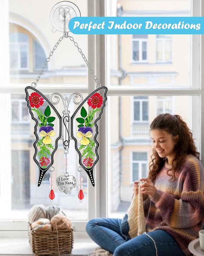 KY&BOSAM Butterfly Suncatcher I Love You Nana Gifts Stain Glass Suncatchers for Window Hanging Wind Chime Pressed Real Flower and Heart Charm Birthday Gift for Nana Mother`s Day Valentine`s Christmas