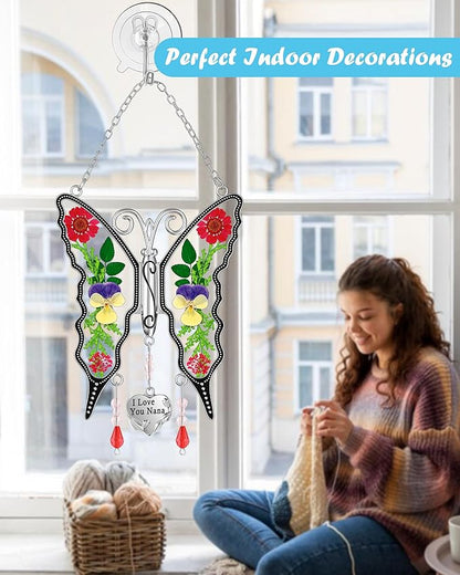 KY&BOSAM Butterfly Suncatcher I Love You Nana Gifts Stain Glass Suncatchers for Window Hanging Wind Chime Pressed Real Flower and Heart Charm Birthday Gift for Nana Mother`s Day Valentine`s Christmas