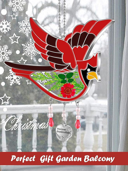 KY&BOSAM Cardinal Suncatcher Precious Grandmother Glass Hanging for Windows Wind Chime Ornament with Pressed Real Flowe and Heart Charm Birthday Gifts for Women Mother's Day Christmas
