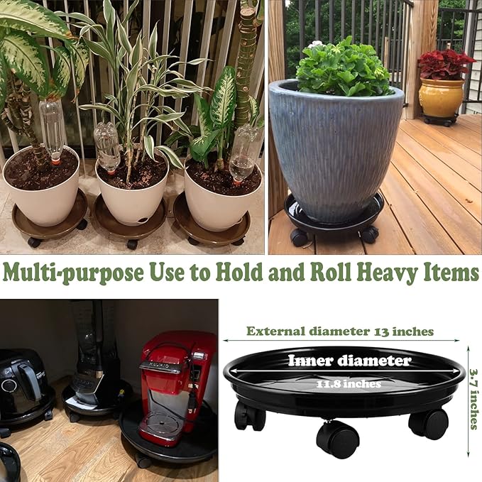 4 Packs Plant Caddy with Wheels 11.8" Plastic Rolling Plant Stands Heavy-duty Plant Dolly with Casters Indoor Outdoor Wheeled Plant Roller Base Large Planter Saucers Plant Mover, Black