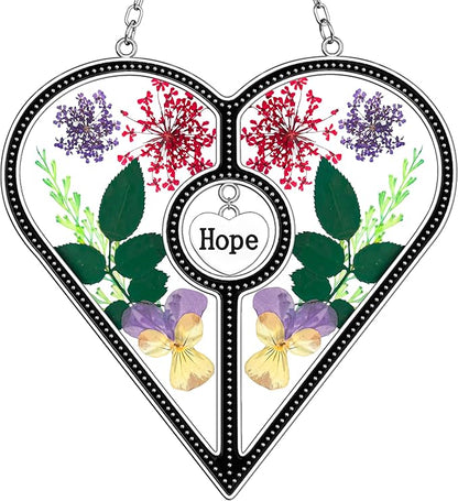 KY&BOSAM Heart Suncatcher Hope Stained Glass Panels for Windows Hangings Wind Chime with Pressed Real Flower Heart Embedded in Glass Friend Gifts- Birthday Gifts for Women Mother`s Day Christmas Decor