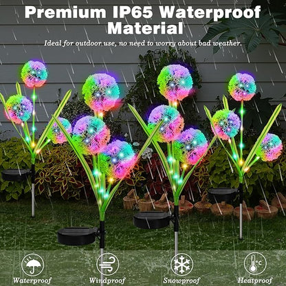 4 Pack Solar Garden Lights, Solar Flowers Lights with 4 Blooming Dandelion Flowers, Waterproof Solar Lights Outdoor for Yard Porch Patio Backyard Pathway Gardening Gifts, 2 Lighting Modes