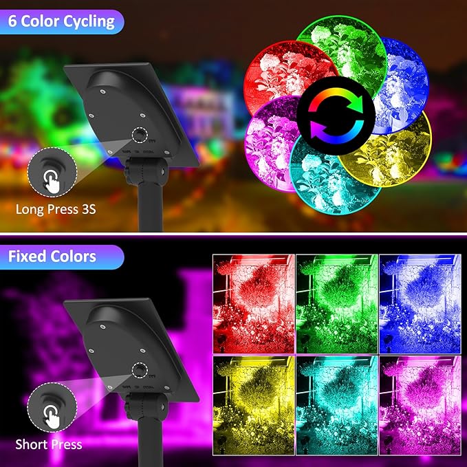 T-SUNUS Color Changing Solar Landscape Spotlights 2 Pack, IP65 Waterproof Lights 9.8ft Cable, Outdoor RGB Spot Light With Separated Panel for Yard Garden Driveway Porch Walkway Pool Patio