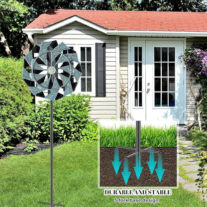 59 inch Outdoor Kinetic Wind Spinner, Double Blade Wind Sculpture with 5 Prong Base, Geometric Metal Windmill for Garden, Lawn & Patio Decoration (Blue Gold)