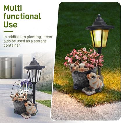 Outdoor Pigs Statues Solar Sculptures with Solar Lights and Flowerpot Funny Garden Decor Animal Figurines Resin Outdoor Statues for Patio Yard Lawn Balcony Gifts
