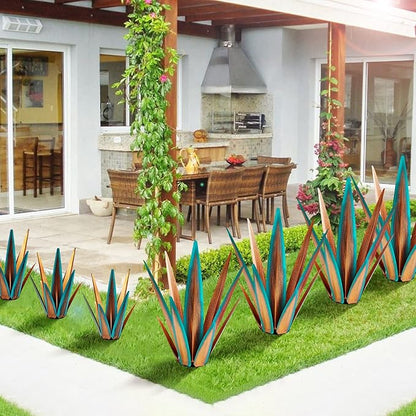 Large Tequila Rustic Sculpture, Metal Agave Plants for Outdoor Patio, Home Decor Hand Painted Garden Statue, Lawn Ornaments Yard Stakes (Blue - M)