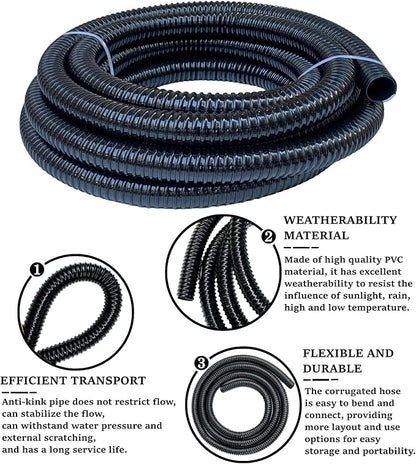 1 1/2 Inch Pond Sump Pump Discharge Hose Corrugated Water Hose Black PVC Strong Flexible Tubing 10Ft