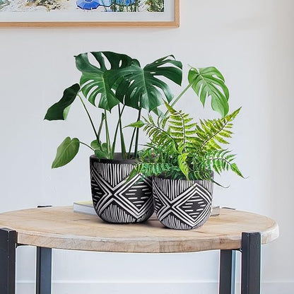 6 Inch Boho Planter Pots with Drainage Holes, 2 Pcs Terracotta Pots, Ceramic Plant Pots for Indoor Plants, Ferns, Vines, Succulents, and Outdoor Plants Growing, Gift for Plant Lovers（Black）