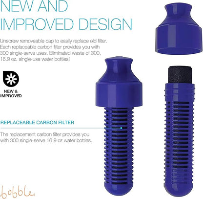bobble Classic Water Bottle, Filtered Water, BPA-Free Reusable Bottle, Soft Touch Carry Cap with Replaceable Carbon Filter for Sustainable Water and Hydration 34 oz, (Navy Blue)