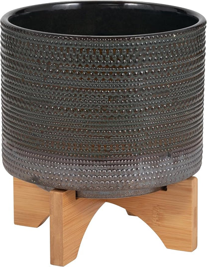 Sagebook Home 8" Ceramic Planter on Bamboo Wood Stand - Green Plant Stand with Contemporary Dotted Design - Indoor or Outdoor Plants and Succulents